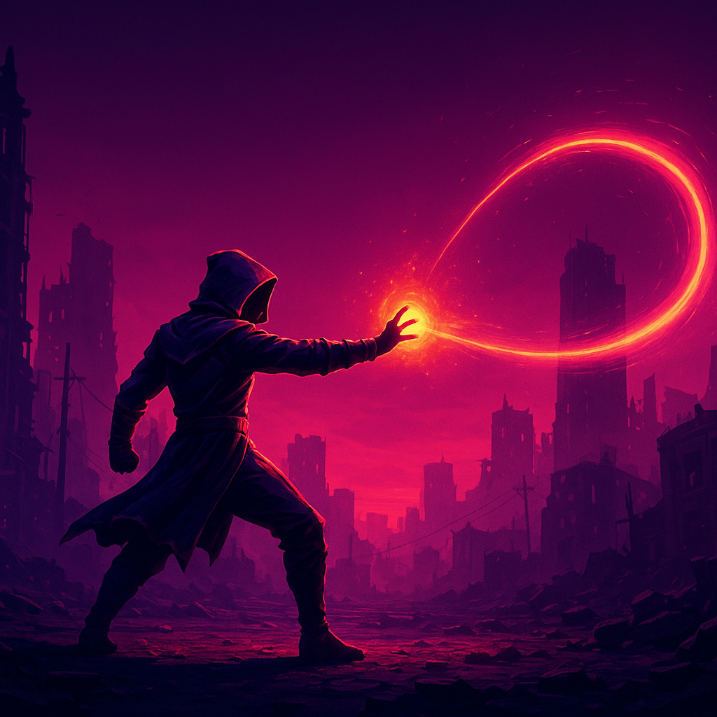 NightForge main cinematic: neon ruins, player avatar firing arcane projectile