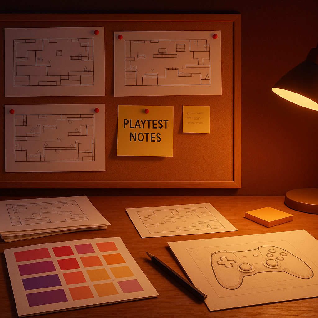 Developer workspace: level sketches, color swatches, and playtest notes pinned on a board